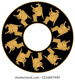 Isolated vector illustration. Abstract round decor, frame or texture with silhouettes of ancient Greek goddess holding a bird. Hera or Aphrodite. Based on vase painting motif. Cartoon style.