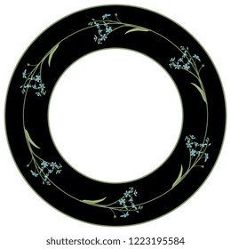Isolated vector illustration. Abstract round decor, frame or border with wreath of forget-me-not flowers.