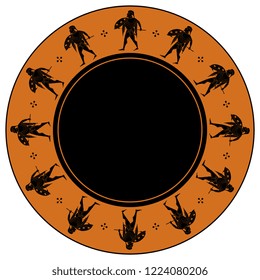 Isolated vector illustration. Abstract round decor, frame or texture with silhouettes of ancient Greek warriors.