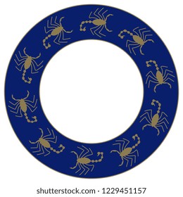 Isolated vector illustration. Abstract round decor, frame or texture with scorpions. Gold silhouette on dark blue background.