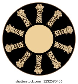 Isolated vector illustration. Abstract round decor, frame or texture with paws of cheetah or jaguar. Flat cartoon style.