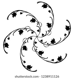 Isolated vector illustration. Abstract round floral spiral decor, star or mandala with six ornate branches. Hand drawn sketch. Black silhouette on white background.