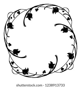 Isolated vector illustration. Abstract round decor or frame with elegant floral motifs. Vintage style. Hand drawn sketch. Black silhouette on white background.