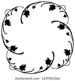 Isolated vector illustration. Abstract round decor or frame with elegant floral motifs. Vintage style. Hand drawn sketch. Black silhouette on white background.