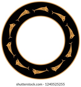 Isolated vector illustration. Abstract round decor, frame or texture with silhouettes of swimming dolphins. Ancient Greek pottery motif. Cartoon style.