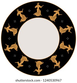 Isolated vector illustration. Abstract round decor, frame or texture with silhouettes of running ancient Greek goddess and abstract floral dots. Cartoon style.