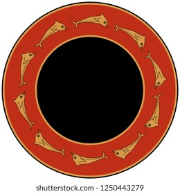 Isolated vector illustration. Abstract round decor, frame or texture with silhouettes of stylized dolphins. Ancient Greek vase painting motif.