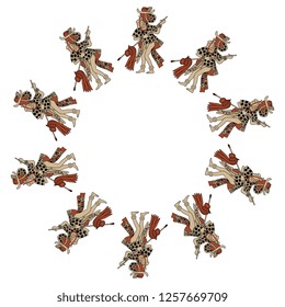 Isolated vector illustration. Abstract round decor or frame with silhouettes of ancient Mayan warriors. Cartoon style.