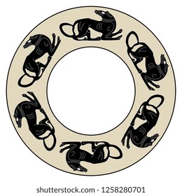 Isolated vector illustration. Abstract round decor, frame or texture with silhouettes of stylized dog. Ancient Greek ethnic motif.