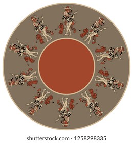 Isolated vector illustration. Abstract round decor, frame or texture with silhouettes of ancient Mayan warriors. Ornate mandala with ethnic motifs. Cartoon style.