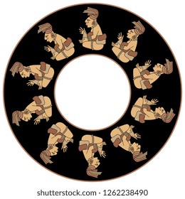 Isolated vector illustration. Abstract round decor, frame or texture with silhouettes of ancient Mayan character. Flat cartoon style.