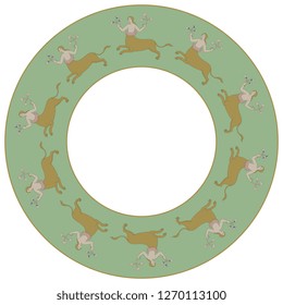 Isolated vector illustration. Abstract round decor, frame or texture with silhouettes of fantastic medieval creatures. Female feline centaur. Cartoon style.
