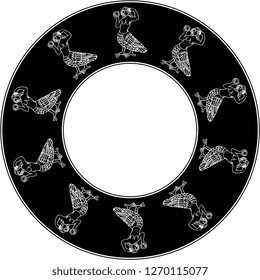 Isolated vector illustration. Abstract round decor, frame or texture with silhouettes of fantastic medieval creatures. Half bird half woman Siren. Black and white hand drawn sketch.