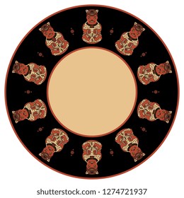 Isolated vector illustration. Abstract round decor or texture with ancient Peruvian tribal motifs. Ethnic style of Nazca Indians.