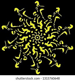 Isolated vector illustration. Abstract round floral decor or frame with silhouetted tree branches. Yellow silhouette on black background.