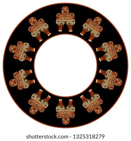 Isolated vector illustration. Abstract round decor, frame or texture with ethnic motifs. Mexican tribal figurine Venus from Chupicuaro. Flat cartoon style.