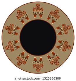 
Isolated vector illustration. Abstract round decor, frame or texture with ethnic motifs. Mexican tribal figurine Venus from Chupicuaro. Flat cartoon style.