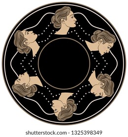 Isolated vector illustration. Abstract round decor, frame or texture with beautiful female heads in profile and abstract lines.