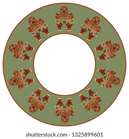 Isolated vector illustration. Abstract round decor, frame or texture with ethnic motifs. Mexican tribal figurine Venus from Chupicuaro. Flat cartoon style.