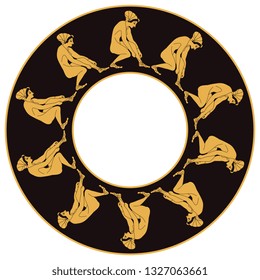 Isolated vector illustration. Abstract round decor, frame or texture with silhouettes of a squatting ancient Greek girl tying her sandal.
