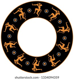 Isolated vector illustration. Abstract round decor, frame or texture with silhouettes of dancing ancient Greek satyrs and dotted floral motifs. Vase painting style.