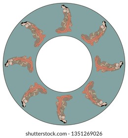 Isolated vector illustration. Abstract round decor, frame or texture with silhouettes of a beautiful Japanese girl in kimono. Based on traditional vintage motif.
