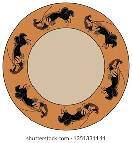 Isolated vector illustration. Abstract round decor, frame or texture with ancient Greek motifs. Chariot with a charioteer and horses. Vase painting style.
