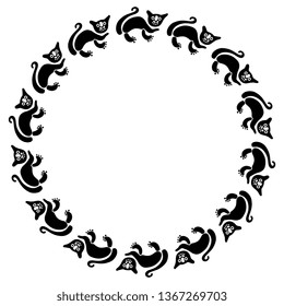 Isolated vector illustration. Abstract round decor or frame with silhouettes of stylized funny cats. Ancient Peruvian ethnic motif.