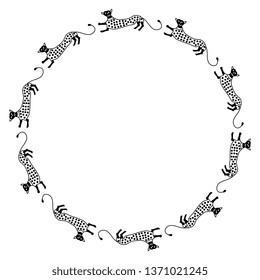 Isolated vector illustration. Abstract round decor with stylized fantastic cats. Blck and white silhouette.