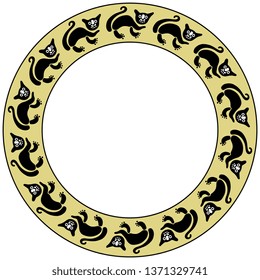 Isolated vector illustration. Abstract round decor, frame or texture with silhouettes of stylized funny cats. Based on ancient Peruvian tribal motif.