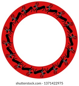 Isolated vector illustration. Abstract round decor, frame or texture with silhouettes of running deers. Folk style.