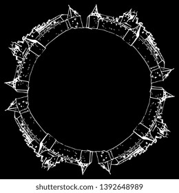 Isolated vector illustration. Abstract round decor or frame with hand drawn linear sketches of a medieval castle. White silhouette on black background.