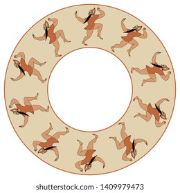 
Isolated vector illustration. Abstract round decor, frame or texture with silhouettes of running ancient Etruscan men. Cartoon style.
