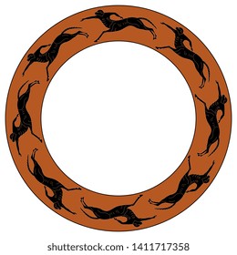 Isolated vector illustration. Abstract round decor, frame or texture with silhouettes of running ancient Greek centaurs. Vase painting style.