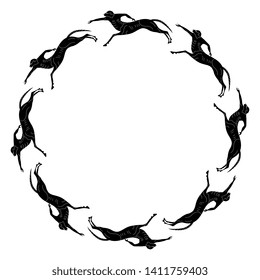 Isolated vector illustration. Abstract round decor or frame with running ancient Greek centaurs. Vase painting style. Black and white silhouette.