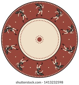 Isolated vector illustration. Abstract round decor or texture with ancient Greek ethnic motifs. Silhouettes of winged god Hermes or Mercury.