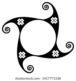 Isolated vector illustration. Abstract round decor with spiral and cross elements. Square geometrical mandala. Black and white silhouette. Native American Mimbres pottery motif of Mogollon Indians.