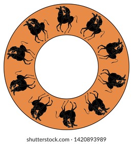 Isolated vector illustration. Abstract round decor, frame or texture with silhouettes of god Dionysus riding a horse. Ancient Greek vase painting style. 