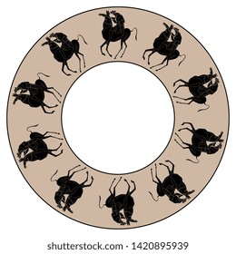 Isolated vector illustration. Abstract round decor, frame or texture with silhouettes of god Dionysus riding a horse. Ancient Greek vase painting style. 