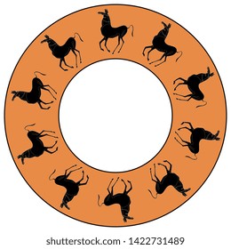 Isolated vector illustration. Abstract round animal decor, frame or texture with silhouettes of stylized horses. Ancient Greek vase painting motif.