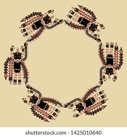 Isolated vector illustration. Abstract round decor, frame or texture with silhouettes of fantastic creatures. Ancient Peruvian tribal motif from Pre Columbian Paracas.
