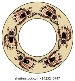 Isolated vector illustration. Abstract round decor, frame or texture with silhouettes of fantastic creatures. Ancient Peruvian tribal motif from Pre Columbian Paracas. 