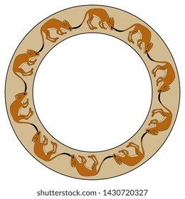 Isolated vector illustration. Abstract round decor, frame or texture with silhouettes of stylized animals. Jerboa (Allactaga tetradactyla). African desert rodent. Ancient Egyptian motif.