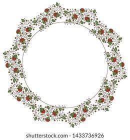 Isolated vector illustration. Abstract round decor or frame with floral motifs. Wreath of stylized branches with berries or flowers. Folk style.

