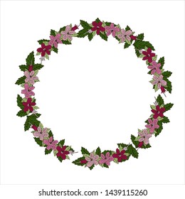 Isolated vector illustration. Abstract round floral decor or frame, a wreath of flowers. Vintage style