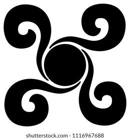 Isolated vector illustration. Abstract square decor with four spirals and a circle. Based on antique Italian folk motif. Black silhouette on white background.