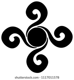 Isolated vector illustration. Abstract square decor with four spirals and a circle. Based on antique Italian folk motif. Black silhouette on white background.