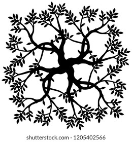 Isolated vector illustration. Abstract square decor, emblem or mandala with ornate tree branches with leaves.