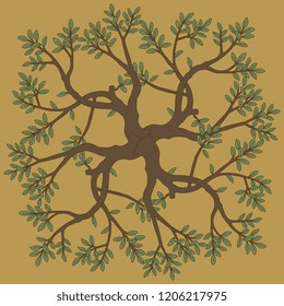 Isolated vector illustration. Abstract square decor, emblem or mandala with ornate tree branches with leaves. On yellow gold background.