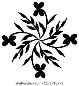 Isolated vector illustration. Abstract square or rhombus floral decor with leaves and flowers. Black silhouette on white background.